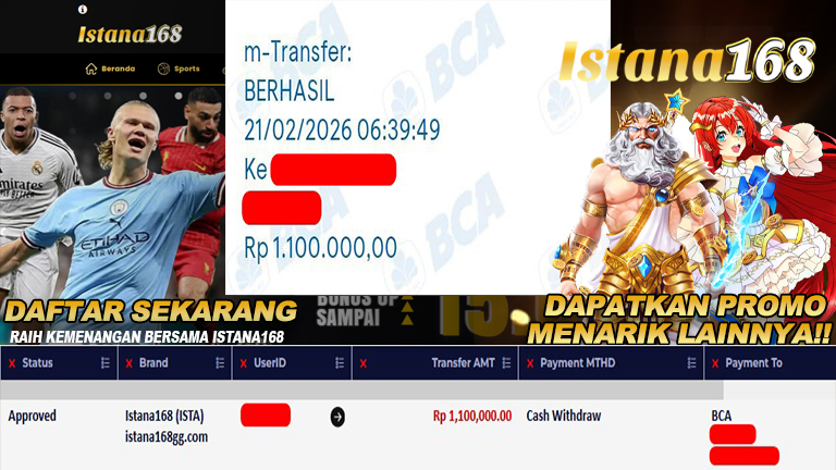 BUKTI KEMENANGAN WD MEMBER ISTANA168 IDR 1.100.000