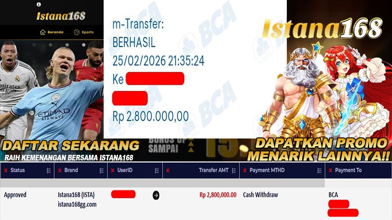 BUKTI KEMENANGAN WD MEMBER ISTANA168 IDR 2.800.000