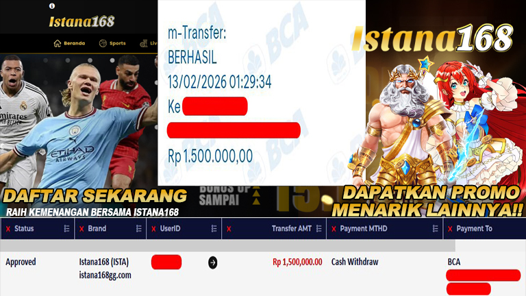 BUKTI KEMENANGAN WD MEMBER ISTANA168 IDR 1.500.000