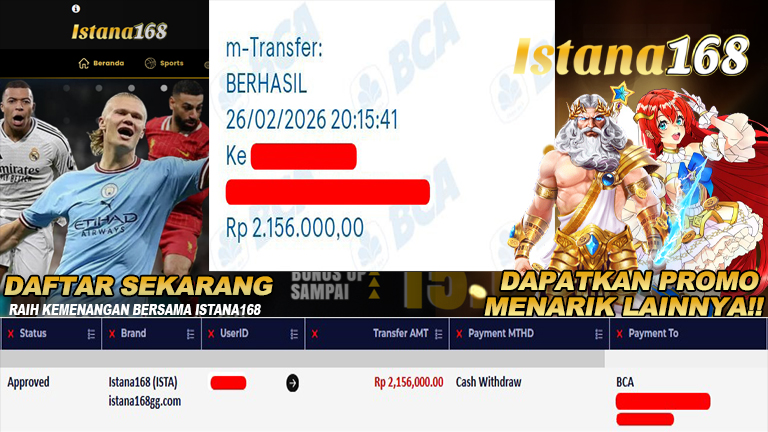 BUKTI KEMENANGAN WD MEMBER ISTANA168 IDR 2.156.000