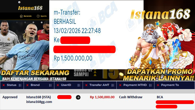 BUKTI KEMENANGAN WD MEMBER ISTANA168 IDR 1.500.000