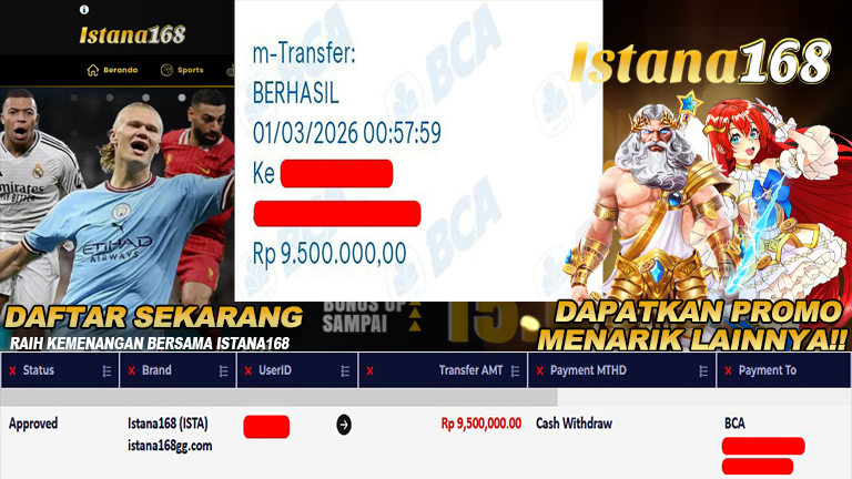 BUKTI KEMENANGAN WD MEMBER ISTANA168 IDR 9.500.000