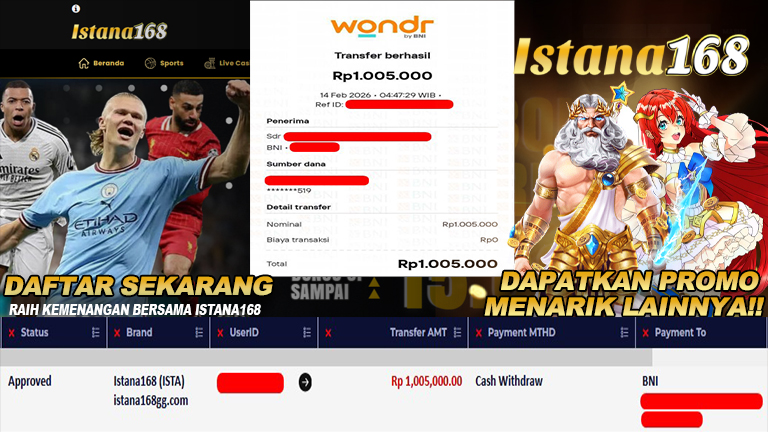 BUKTI KEMENANGAN WD MEMBER ISTANA168 IDR 1.005.000