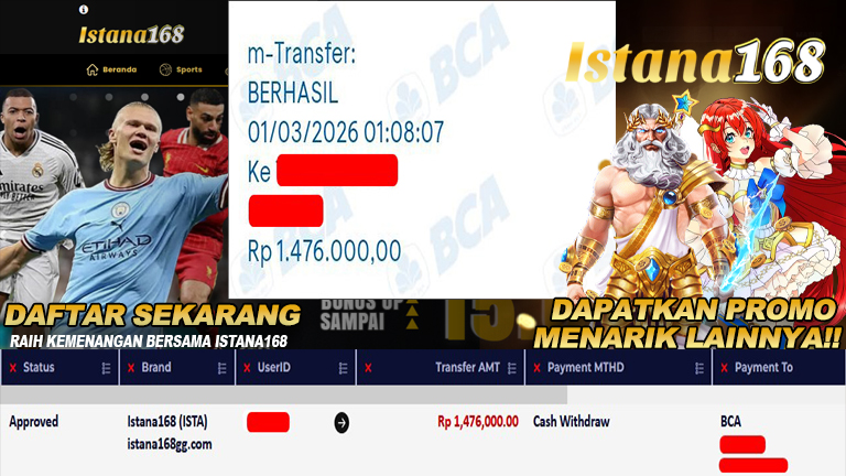 BUKTI KEMENANGAN WD MEMBER ISTANA168 IDR 1.476.000