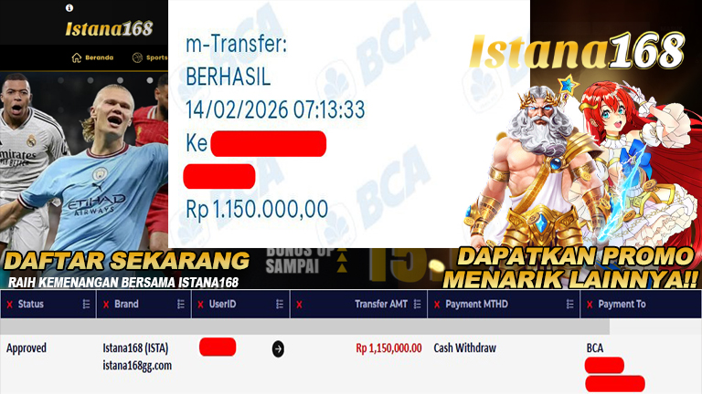 BUKTI KEMENANGAN WD MEMBER ISTANA168 IDR 1.150.000