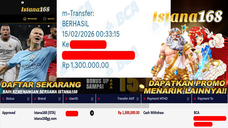 BUKTI KEMENANGAN WD MEMBER ISTANA168 IDR 1.300.000