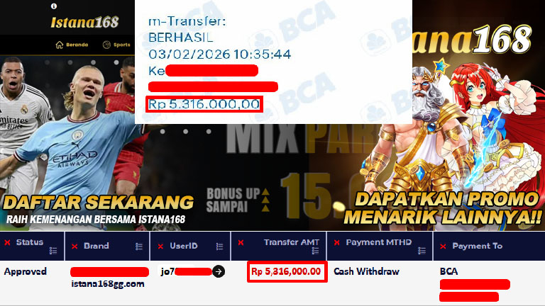 BUKTI KEMENANGAN WD MEMBER ISTANA168 IDR 5.316.000