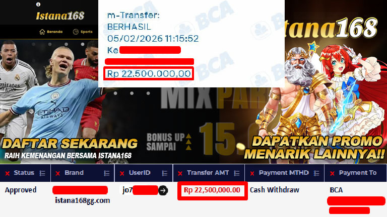 BUKTI KEMENANGAN WD MEMBER ISTANA168 IDR 22.500.000