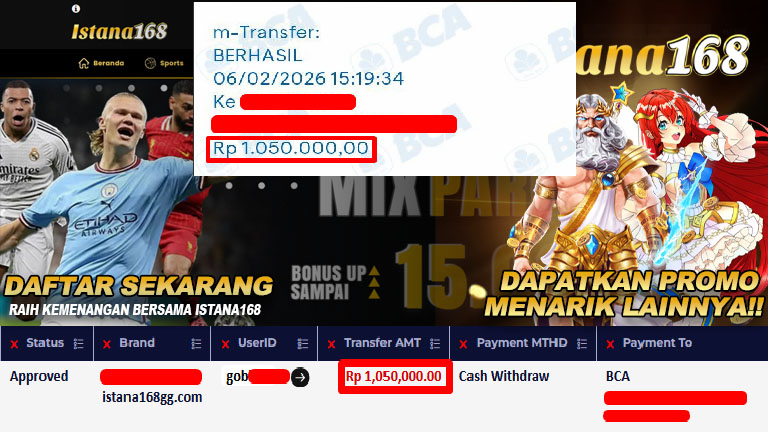 BUKTI KEMENANGAN WD MEMBER ISTANA168 IDR 1.050.000