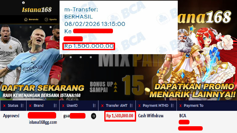 BUKTI KEMENANGAN WD MEMBER ISTANA168 IDR 1.500.000