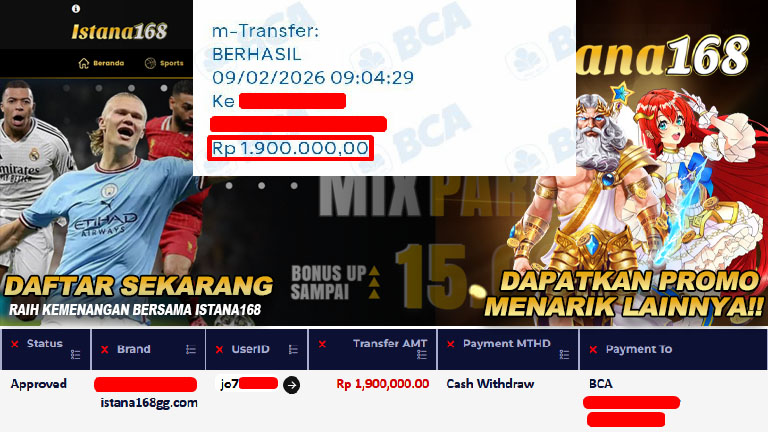 BUKTI KEMENANGAN WD MEMBER ISTANA168 IDR 1.900.000