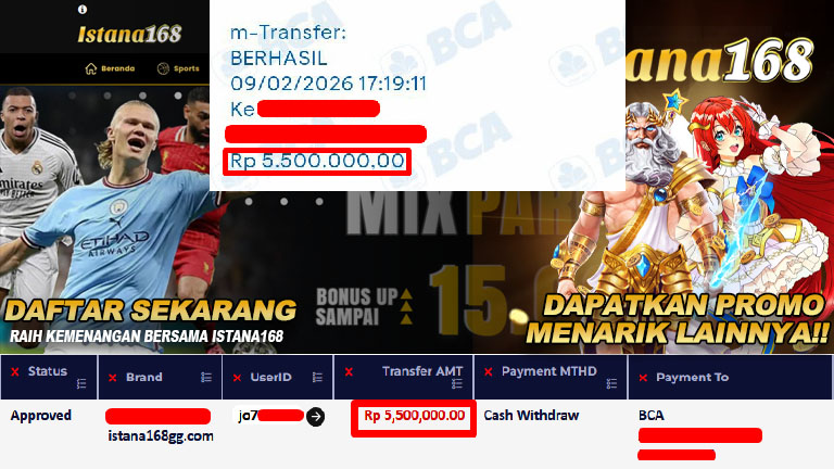 BUKTI KEMENANGAN WD MEMBER ISTANA168 IDR 5.500.000