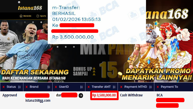 BUKTI KEMENANGAN WD MEMBER ISTANA168 IDR 3.500.000