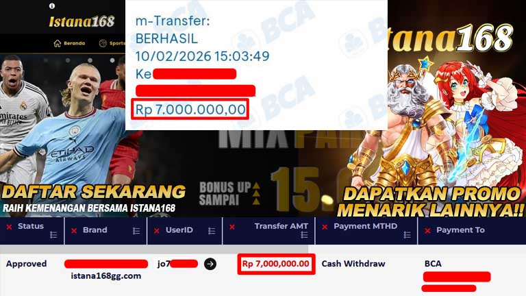 BUKTI KEMENANGAN WD MEMBER ISTANA168 IDR 7.00.000