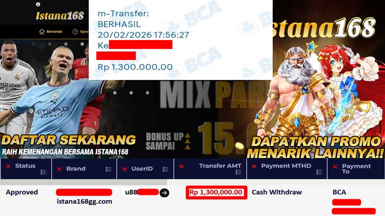 BUKTI KEMENANGAN WD MEMBER ISTANA168 IDR 1.300.000