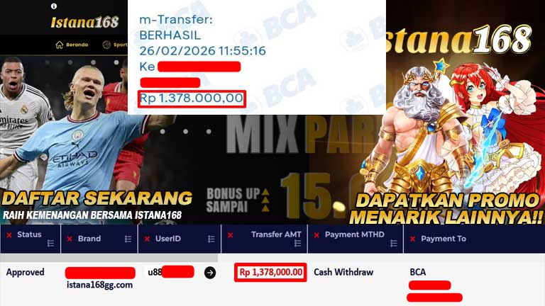 BUKTI KEMENANGAN WD MEMBER ISTANA168 IDR 1,378,000