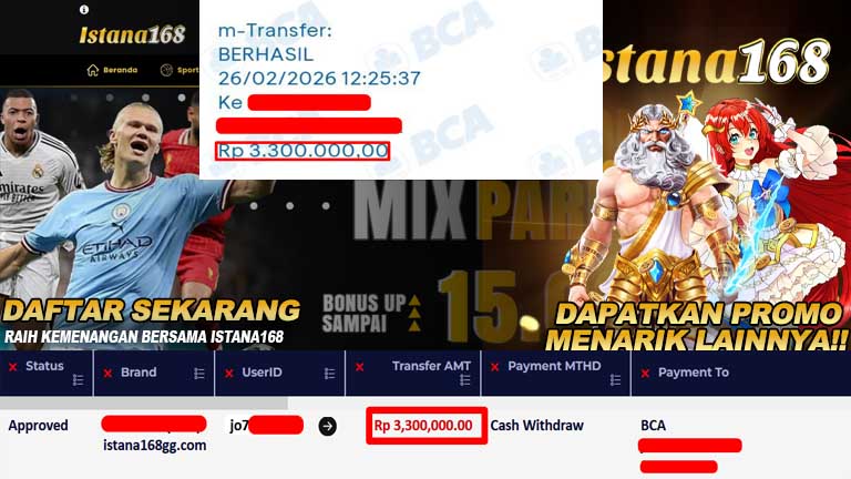 BUKTI KEMENANGAN WD MEMBER ISTANA168 IDR 3,300,000