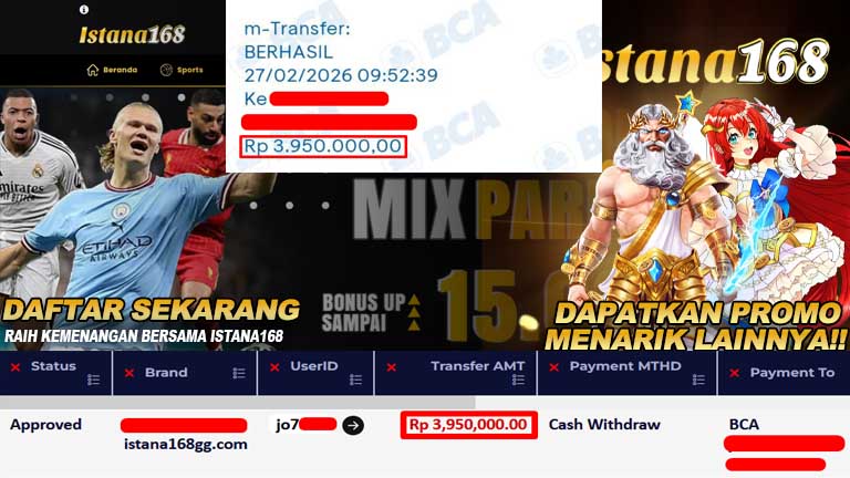 BUKTI KEMENANGAN WD MEMBER ISTANA168 IDR 3,950,000