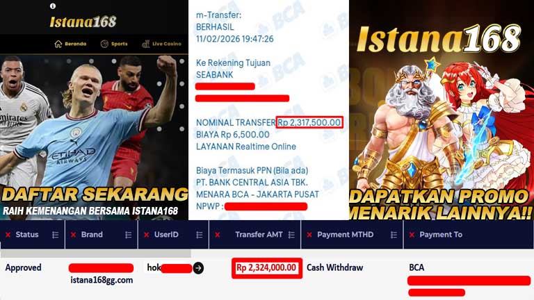 BUKTI KEMENANGAN WD MEMBER ISTANA168 IDR 2.324.000