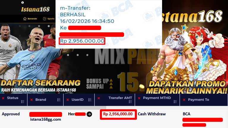BUKTI KEMENANGAN WD MEMBER ISTANA168 IDR 2,956,000