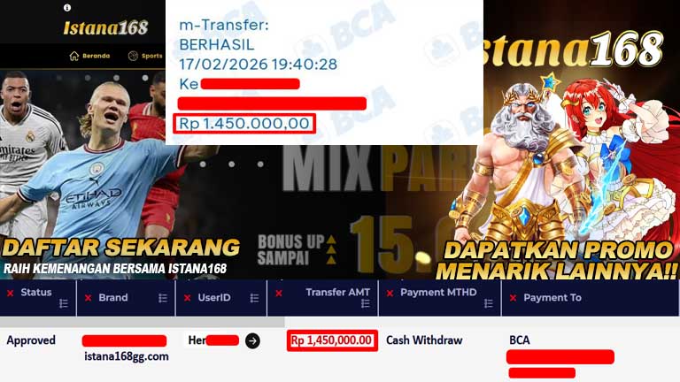 BUKTI KEMENANGAN WD MEMBER ISTANA168 IDR 1,450,000
