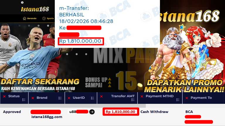 BUKTI KEMENANGAN WD MEMBER ISTANA168 IDR 1.810.000