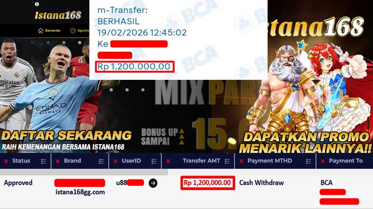 BUKTI KEMENANGAN WD MEMBER ISTANA168 IDR 1.200.000