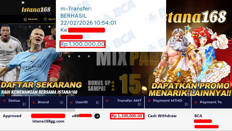 BUKTI KEMENANGAN WD MEMBER ISTANA168 IDR 1.100.000