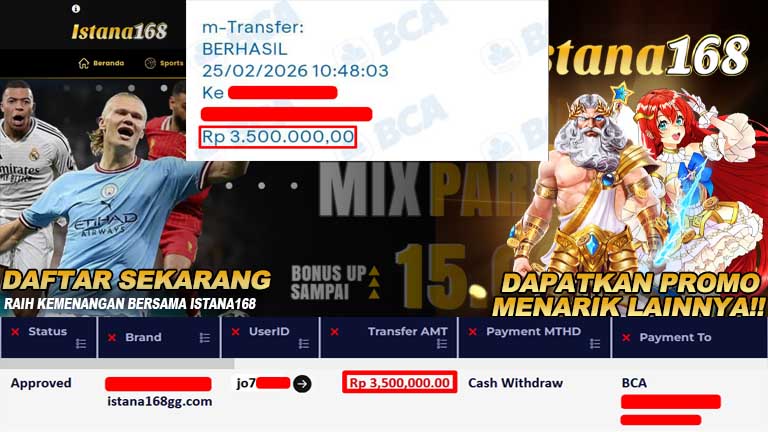 BUKTI KEMENANGAN WD MEMBER ISTANA168 IDR 3.500.000