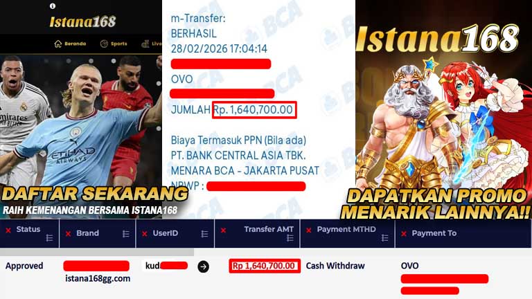 BUKTI KEMENANGAN WD MEMBER ISTANA168 IDR 1,640,700