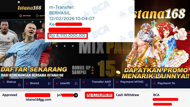 BUKTI KEMENANGAN WD MEMBER ISTANA168 IDR 4.110.000