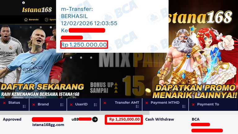 BUKTI KEMENANGAN WD MEMBER ISTANA168 IDR 1.250.000