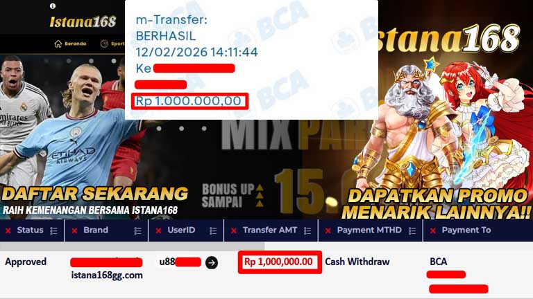 BUKTI KEMENANGAN WD MEMBER ISTANA168 IDR 1.000.000