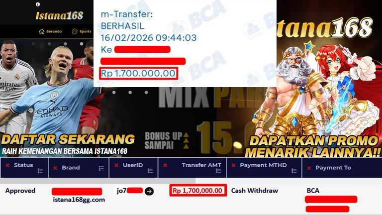 BUKTI KEMENANGAN WD MEMBER ISTANA168 IDR 1,700,000