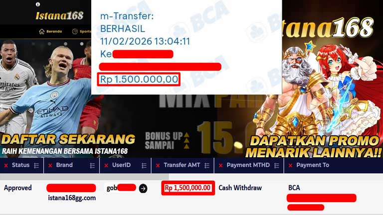 BUKTI KEMENANGAN WD MEMBER ISTANA168 IDR 1.500.000