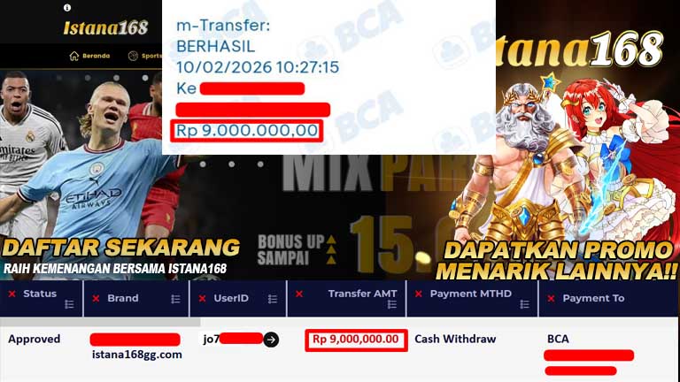 BUKTI KEMENANGAN WD MEMBER ISTANA168 IDR 9.000.000