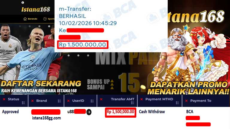 BUKTI KEMENANGAN WD MEMBER ISTANA168 IDR 1.500.000