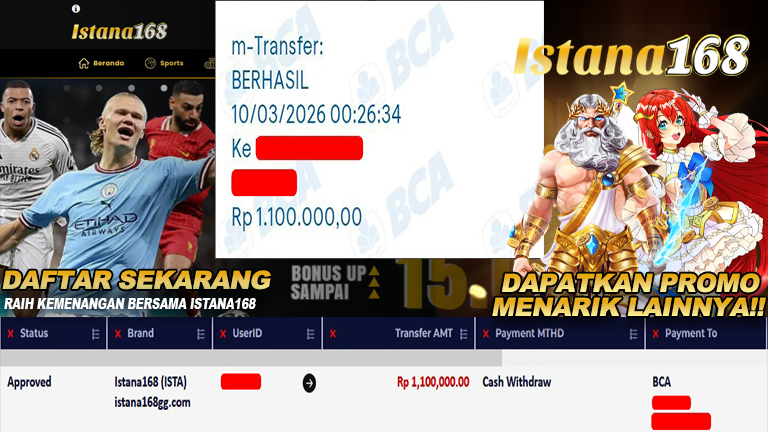 BUKTI KEMENANGAN WD MEMBER ISTANA168 IDR 1.100.000