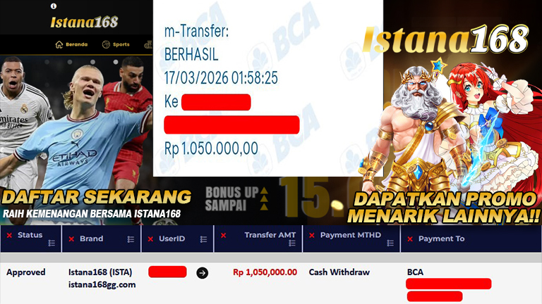 BUKTI KEMENANGAN WD MEMBER ISTANA168 IDR 1.050.000