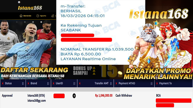 BUKTI KEMENANGAN WD MEMBER ISTANA168 IDR 1.046.000