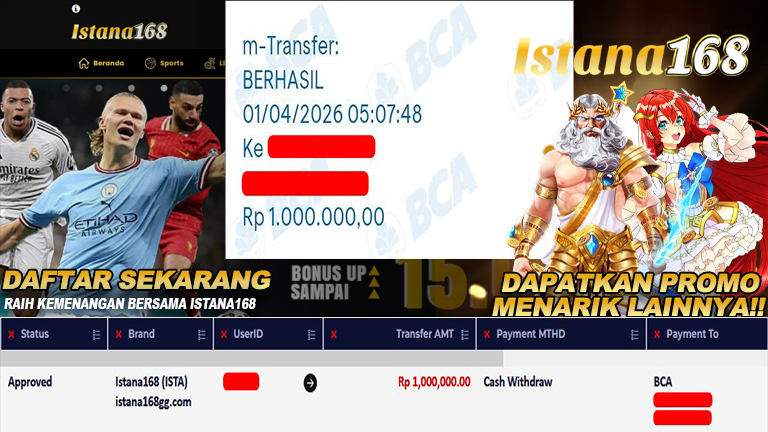 BUKTI KEMENANGAN WD MEMBER ISTANA168 IDR 1.000.000