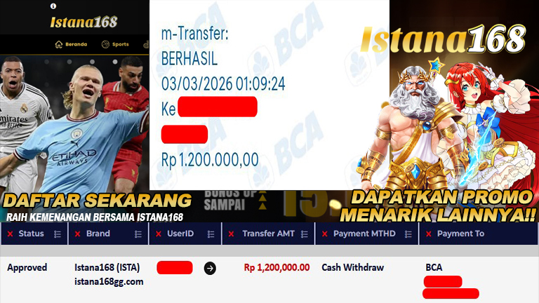 BUKTI KEMENANGAN WD MEMBER ISTANA168 IDR 1.200.000