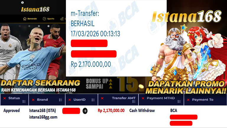 BUKTI KEMENANGAN WD MEMBER ISTANA168 IDR 2.170.000