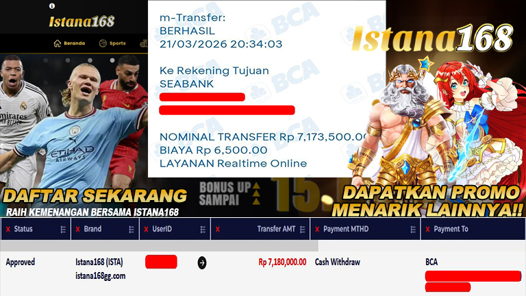 BUKTI KEMENANGAN WD MEMBER ISTANA168 IDR 7.180.000