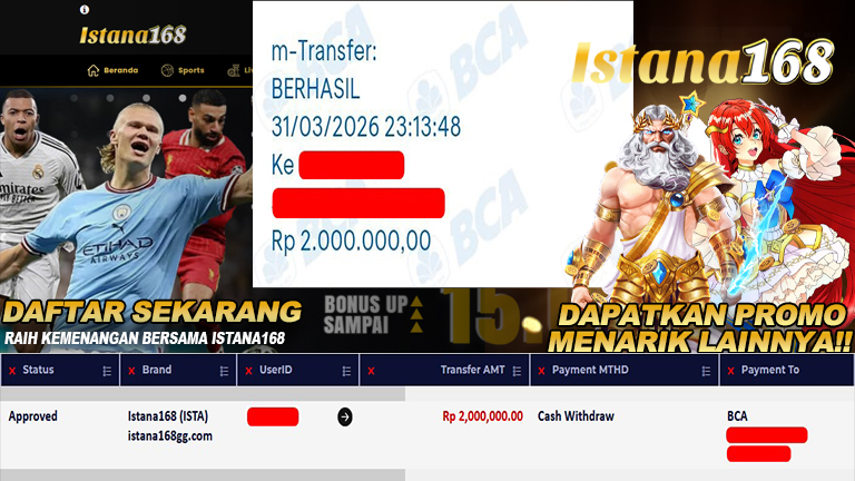 BUKTI KEMENANGAN WD MEMBER ISTANA168 IDR 2.000.000