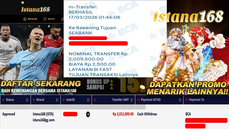 BUKTI KEMENANGAN WD MEMBER ISTANA168 IDR 2.012.000