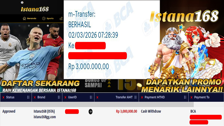 BUKTI KEMENANGAN WD MEMBER ISTANA168 IDR 3.000.000