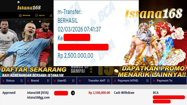 BUKTI KEMENANGAN WD MEMBER ISTANA168 IDR 2.500.000