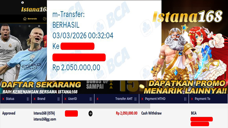 BUKTI KEMENANGAN WD MEMBER ISTANA168 IDR 2.050.000