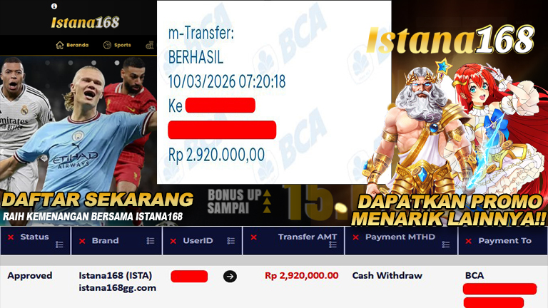 BUKTI KEMENANGAN WD MEMBER ISTANA168 IDR 2.920.000